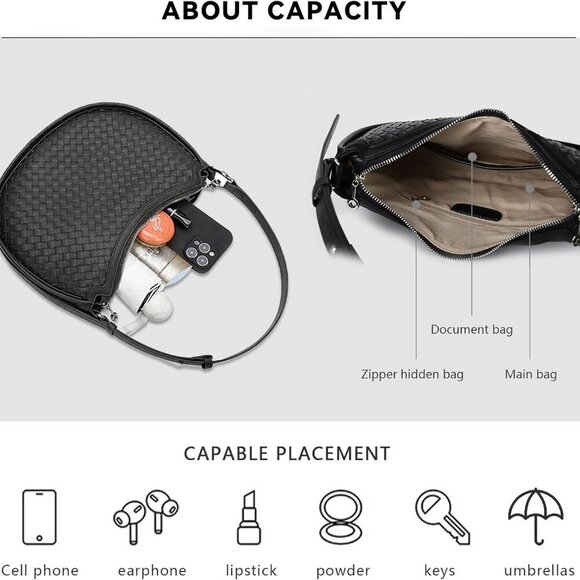 Crescent Shoulder Bag for Women, Woven Crossbody Bag, Small Clutch Purse, Hobo T - Picture 4 of 9